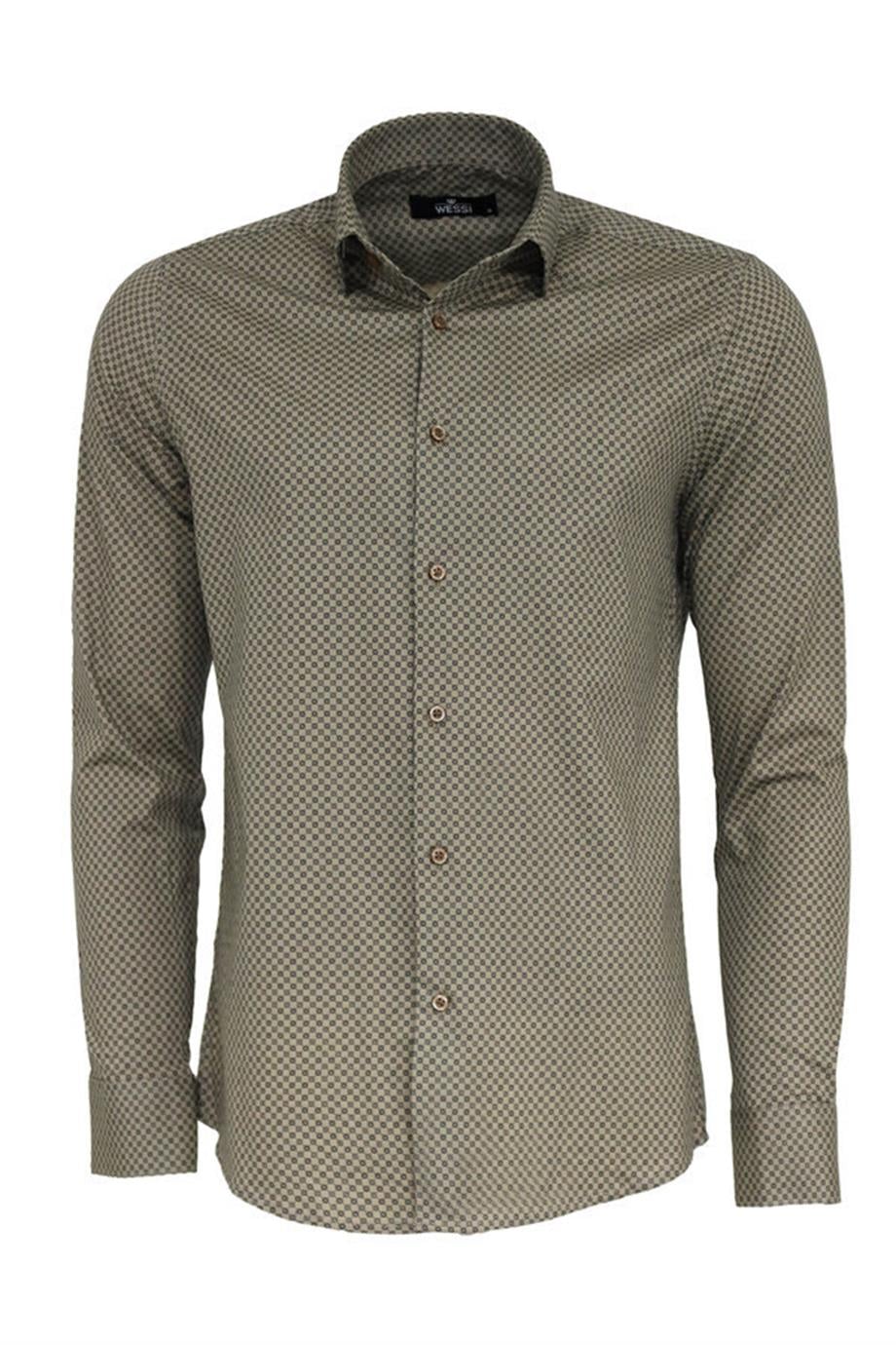 Açık Kahve Mini Kare Desenli Slim Fit Gömlek