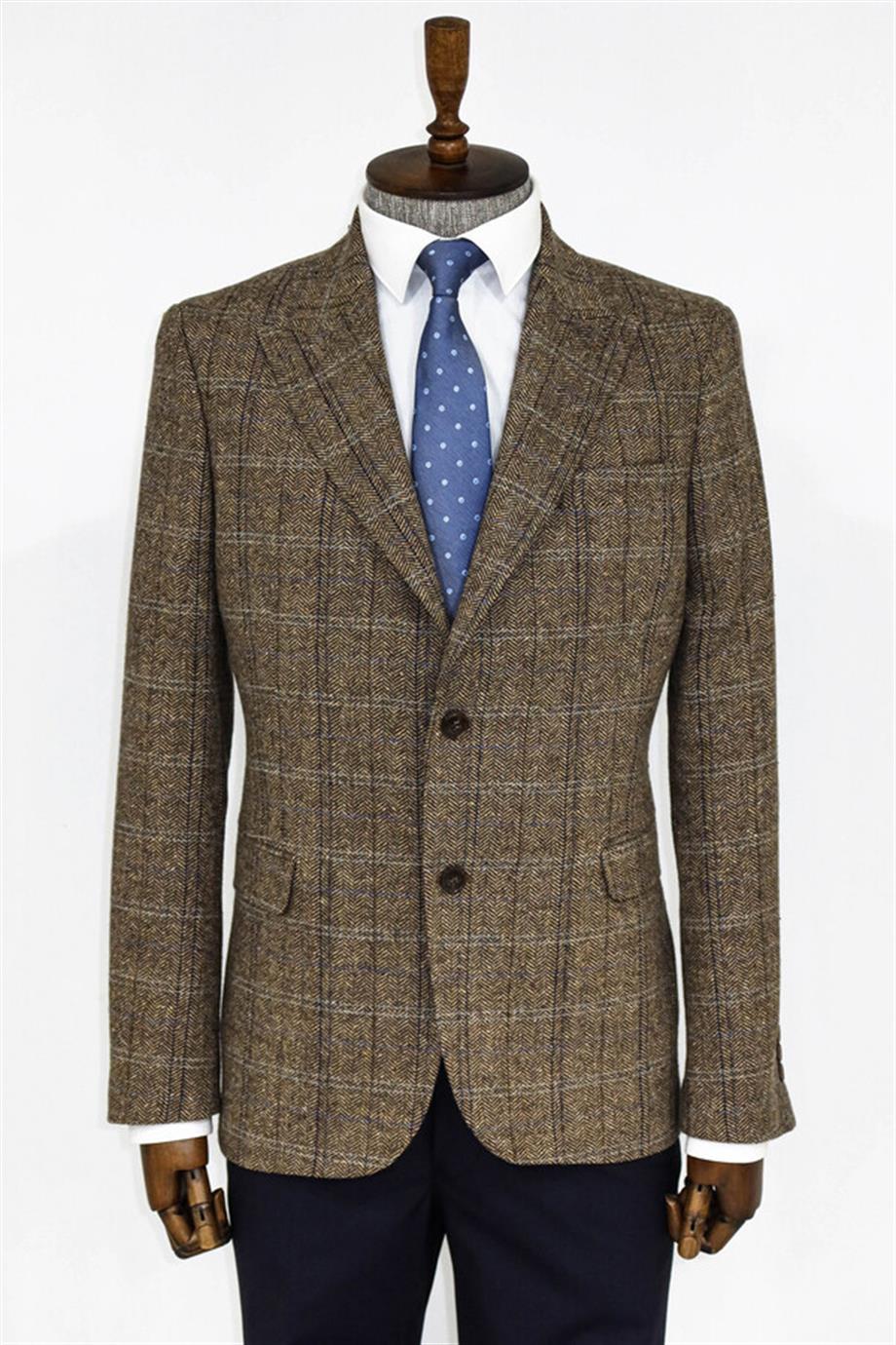 Balıksırtı Desen Slim Fit Yün Kahverengi Erkek Ceket