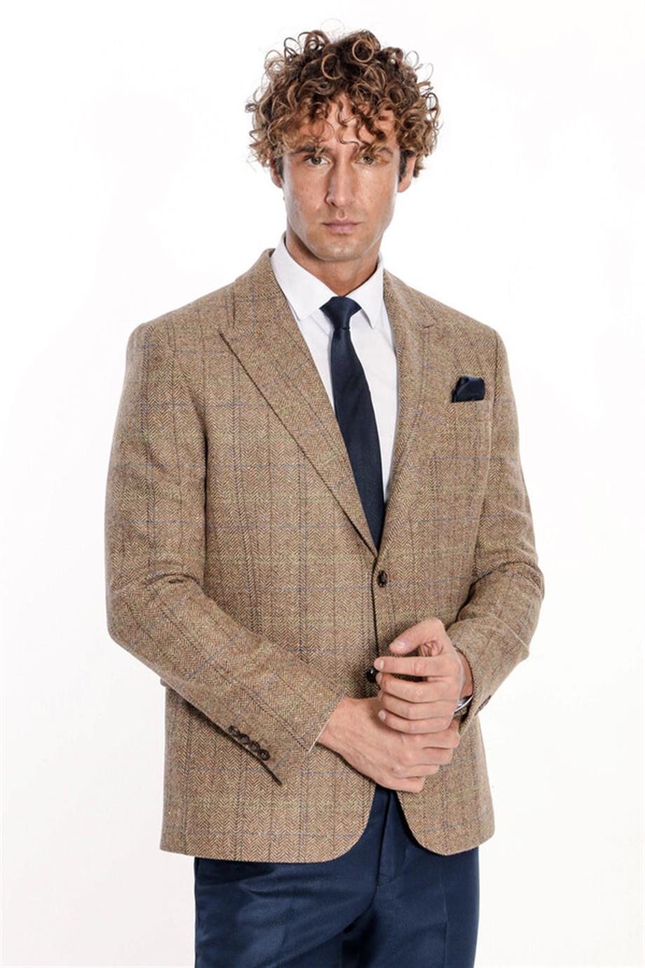 Balıksırtı Desen Slim Fit Yün Taba Erkek Ceket