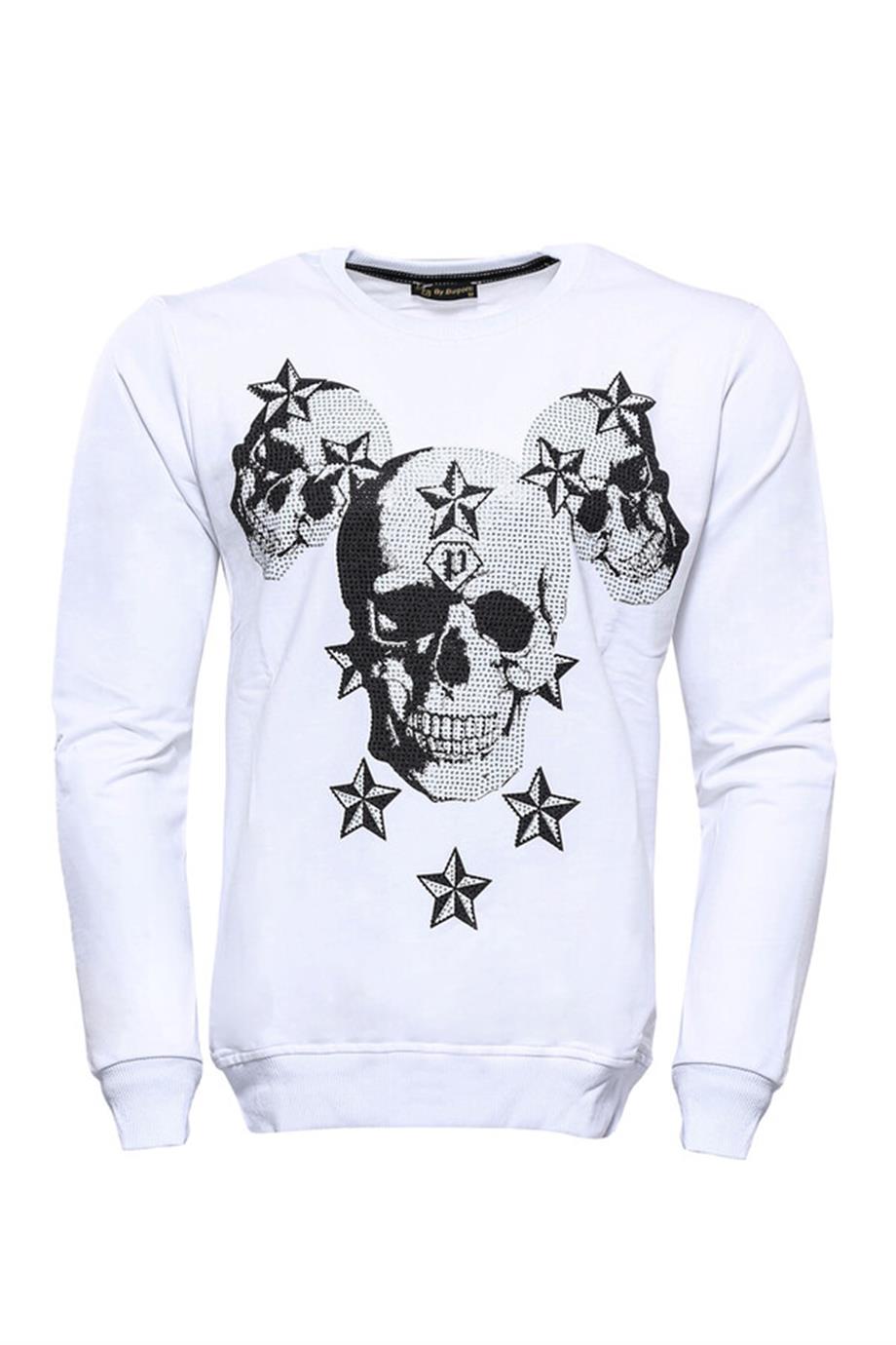 Baskılı Beyaz Bisiklet Yaka Sweatshirt | Wessi