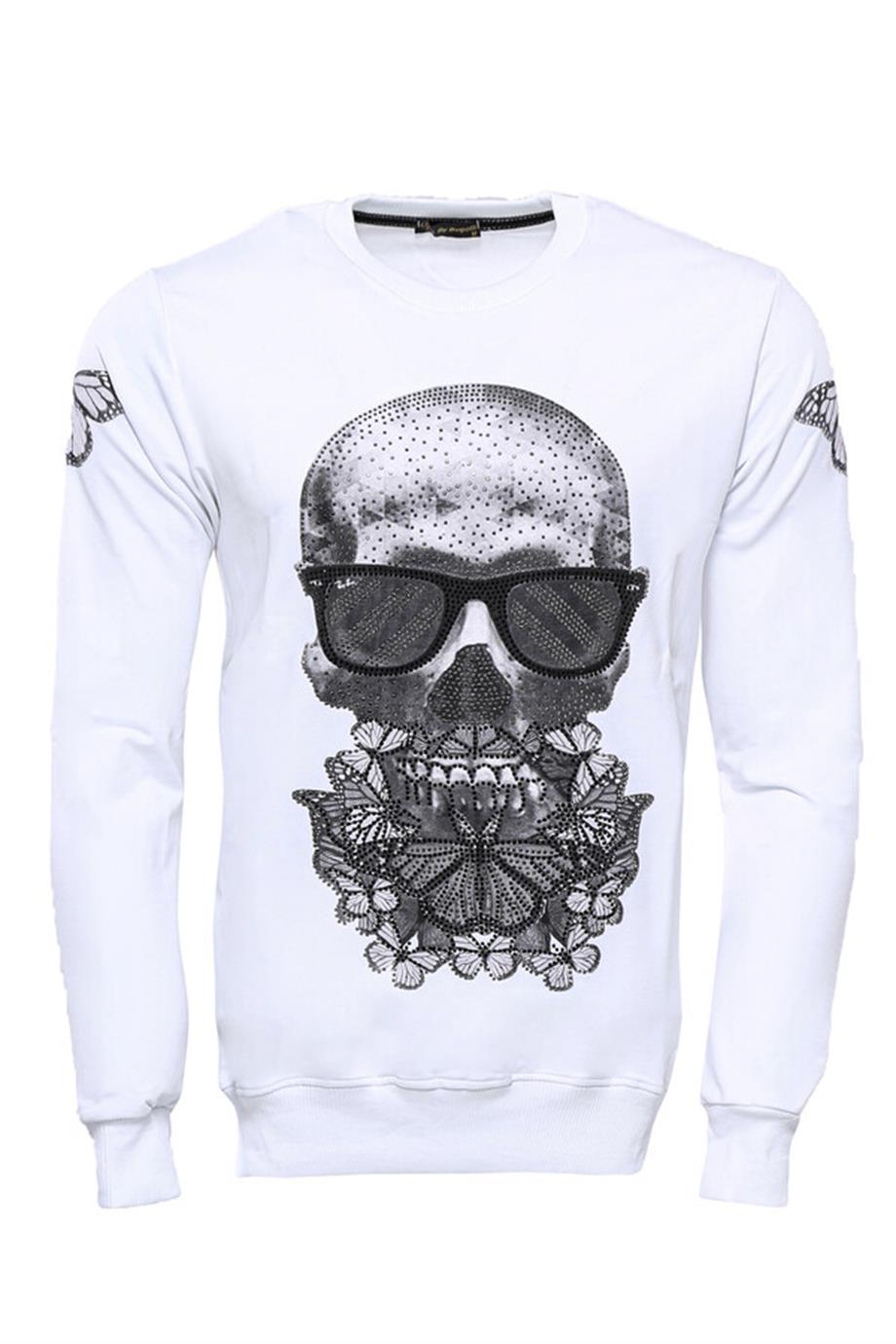 Baskılı Beyaz Bisiklet Yaka Sweatshirt