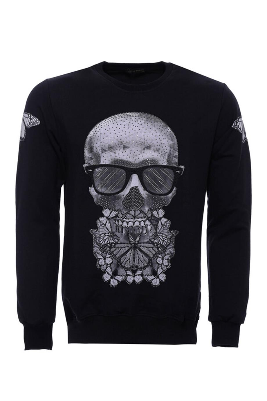 Baskılı Siyah Bisiklet Yaka Sweatshirt
