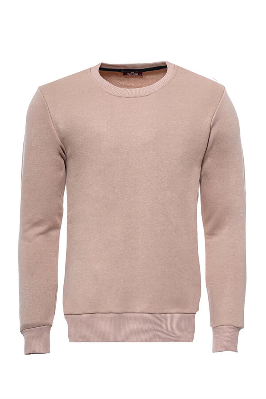 Bej Desensiz Bisiklet Yaka Sweatshirt