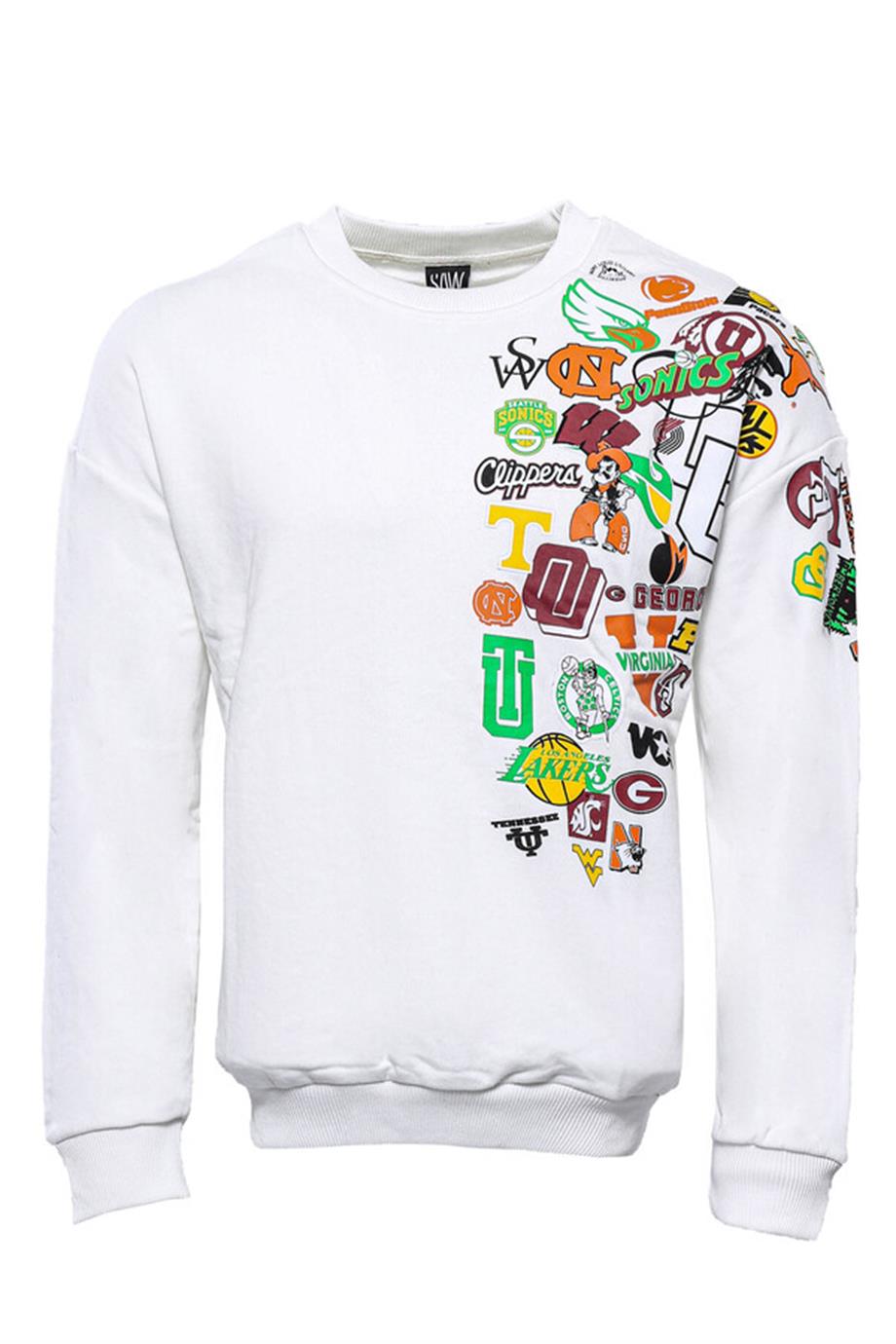 Beyaz Baskı Detaylı Bisiklet Yaka Sweatshirt