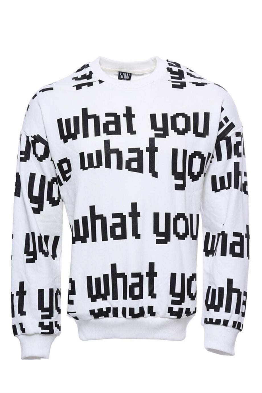 Beyaz Baskılı Bisiklet Yaka Sweatshirt