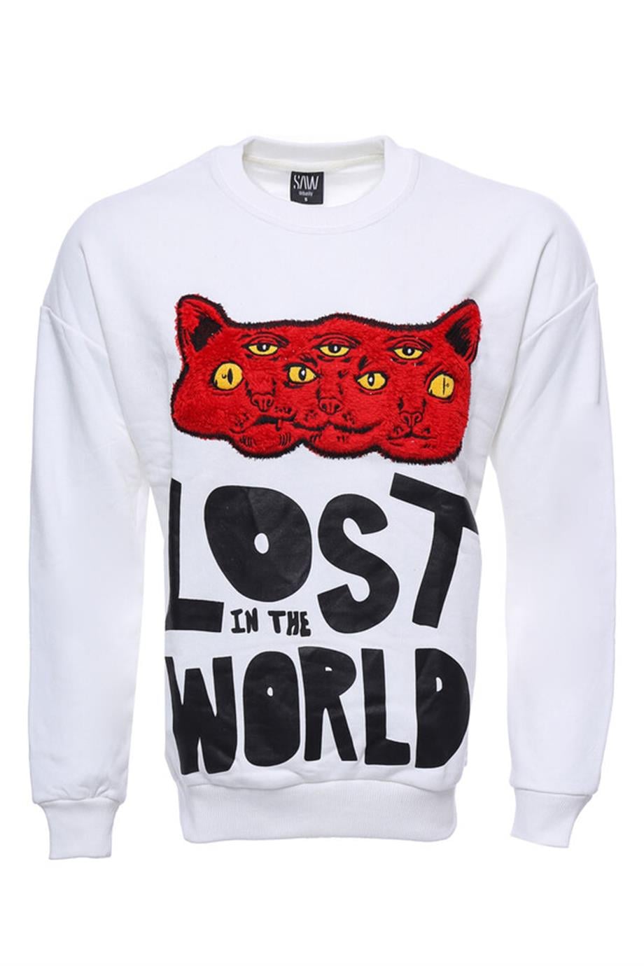 Beyaz Baskılı Desenli Bisiklet Yaka Sweatshirt