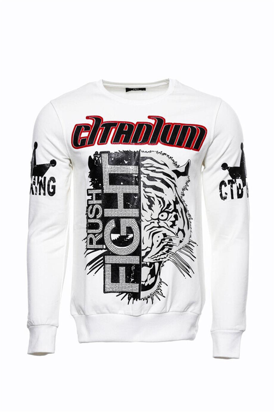 Beyaz Baskılı Taşlı Bisiklet Yaka Sweatshirt