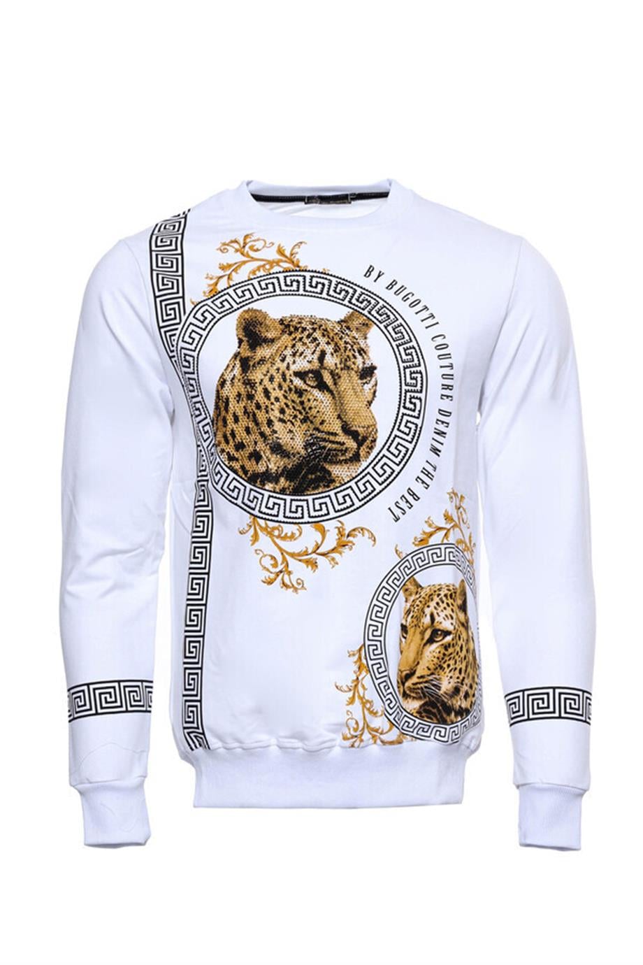 Beyaz Baskılı Taşlı Bisiklet Yaka Sweatshirt