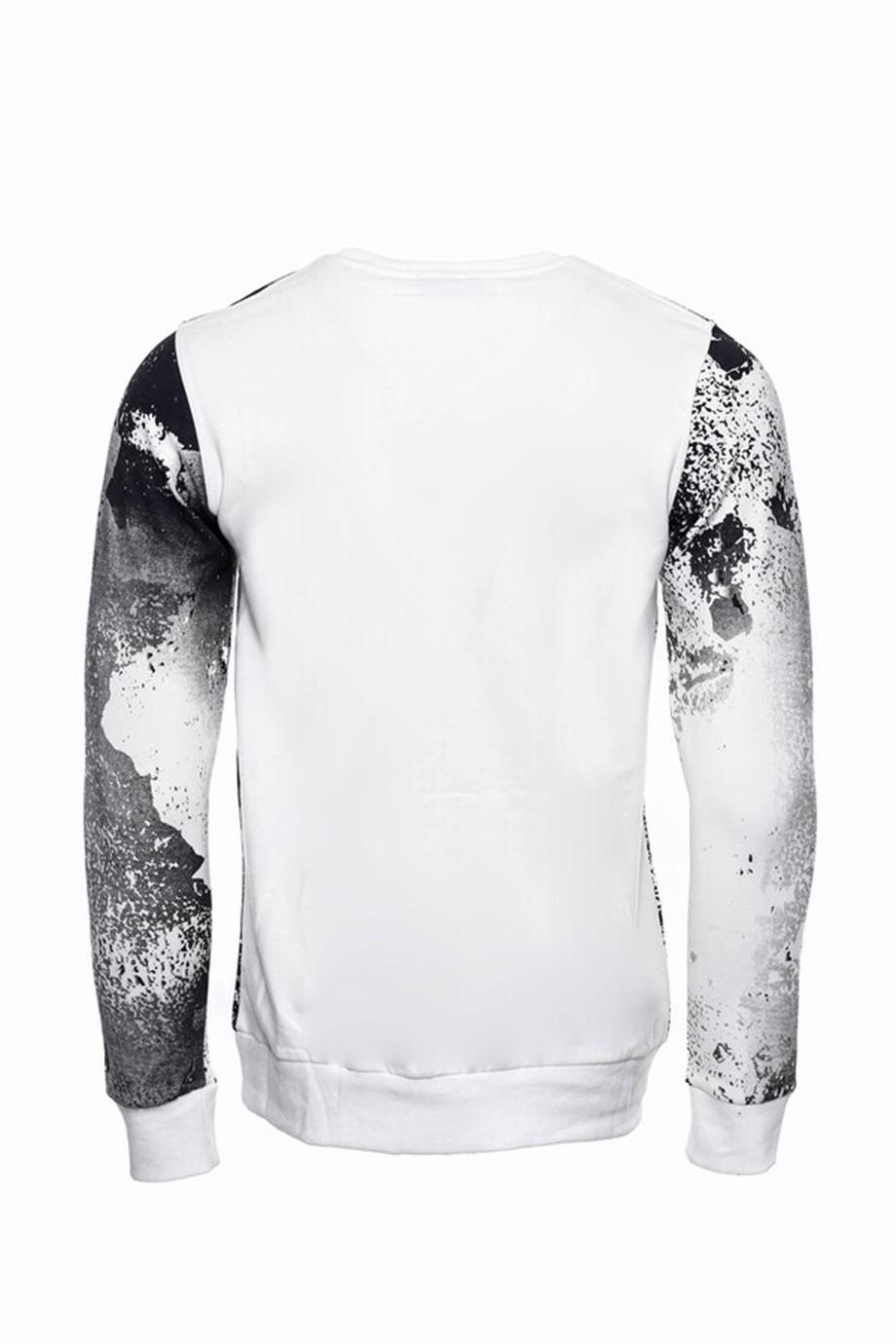 Beyaz Baskılı Taşlı Bisiklet Yaka Sweatshirt