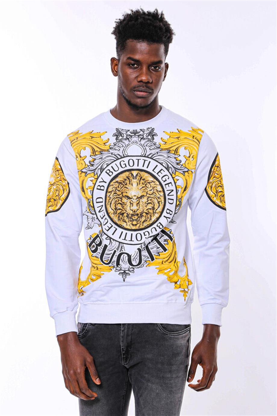 Beyaz Baskılı Ve Taşlı Bisiklet Yaka Sweatshirt
