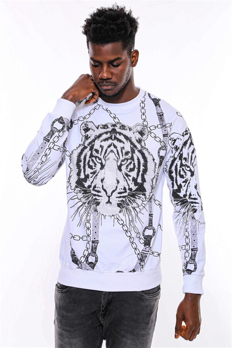 Beyaz Baskılı Ve Taşlı Bisiklet Yaka Sweatshirt