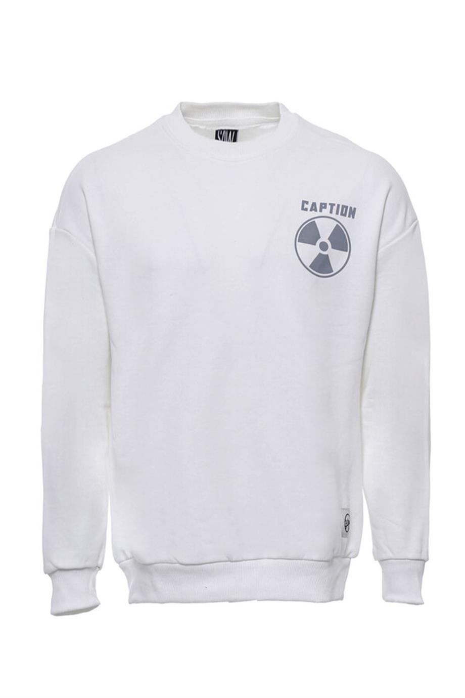 Beyaz Bisiklet Yaka Baskılı Erkek Sweatshirt