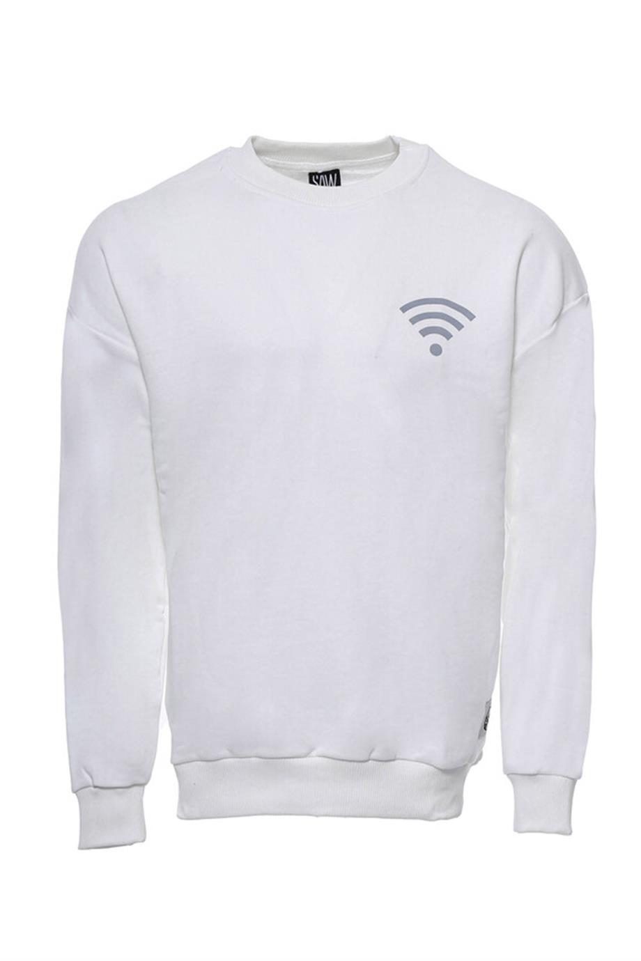 Beyaz Erkek Bisiklet Yaka Baskılı Sweatshirt