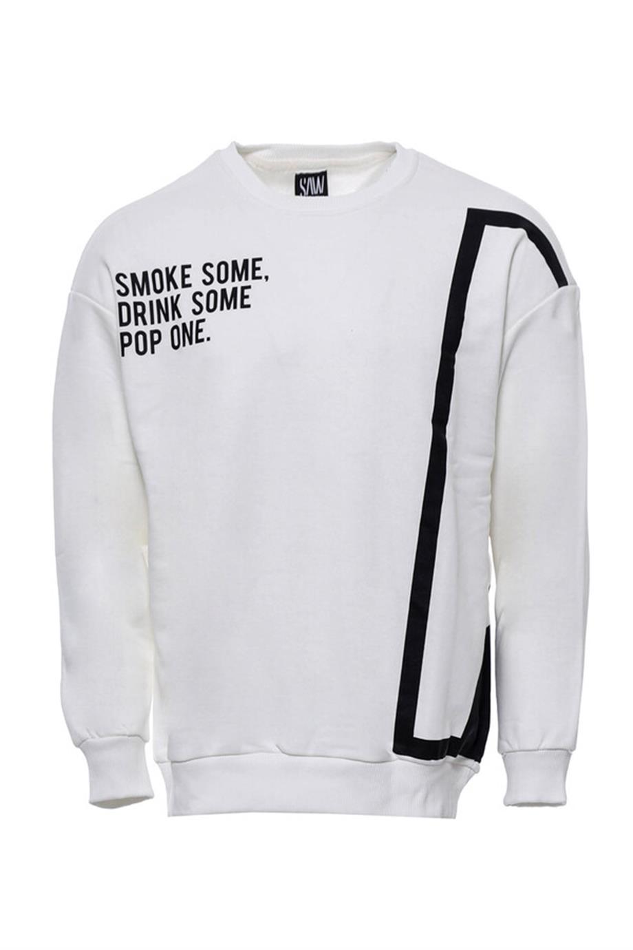 Beyaz Kadın Figürlü Bisiklet Yaka Sweatshirt