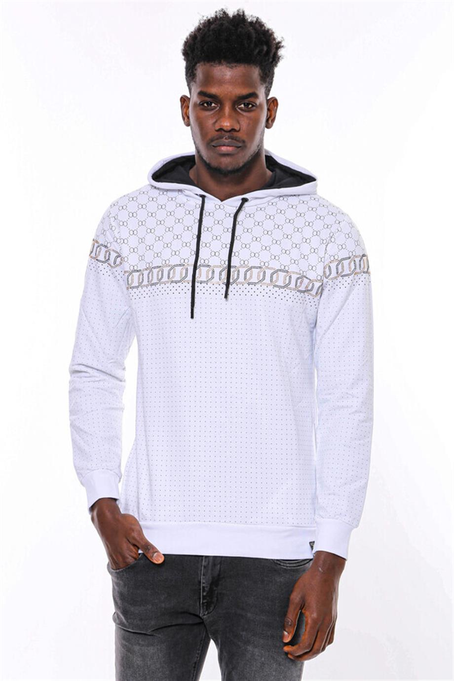 Beyaz Kapşonlu Desenli Sweatshirt