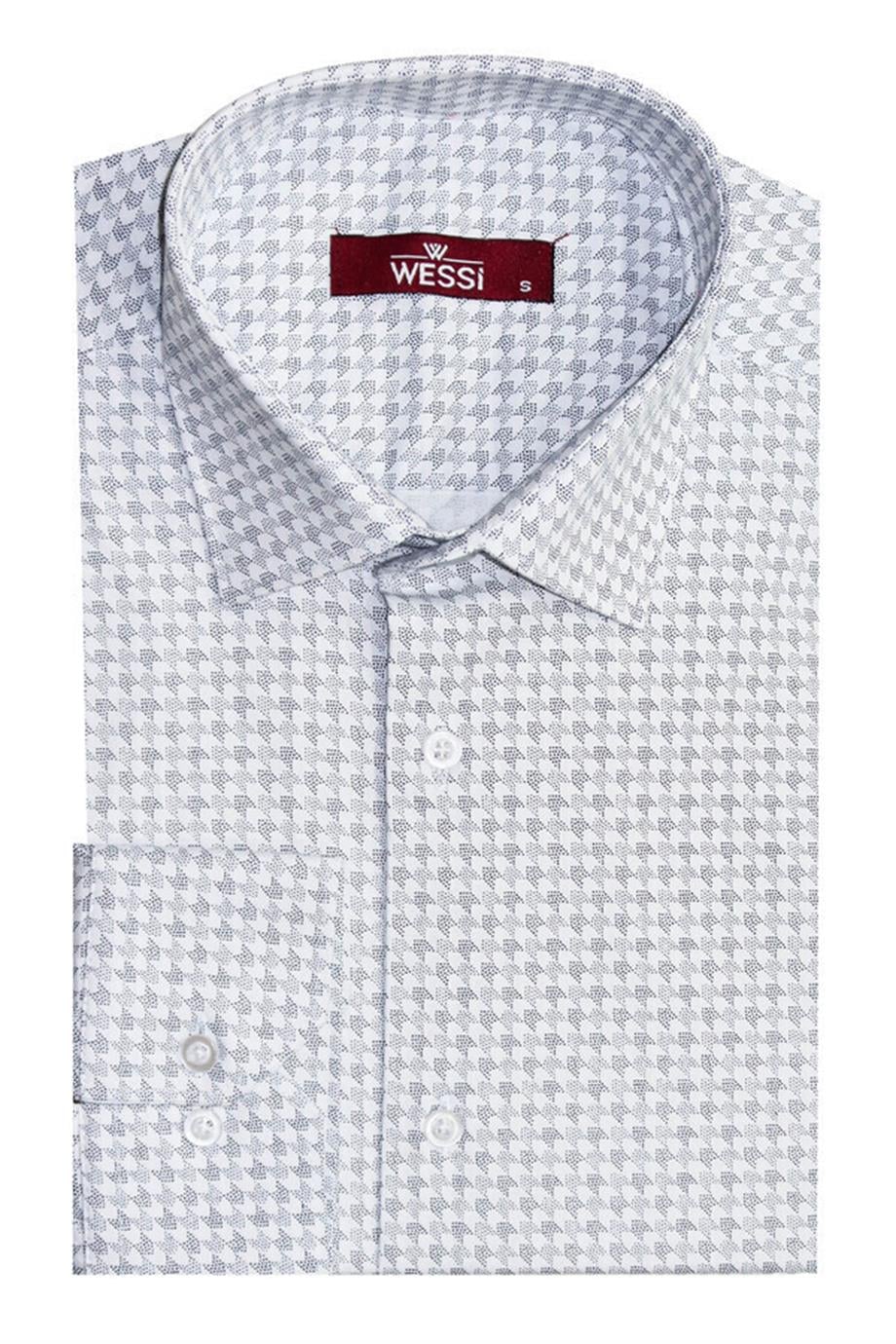 Beyaz Kaz Ayağı Desenli Slim Fit Gömlek