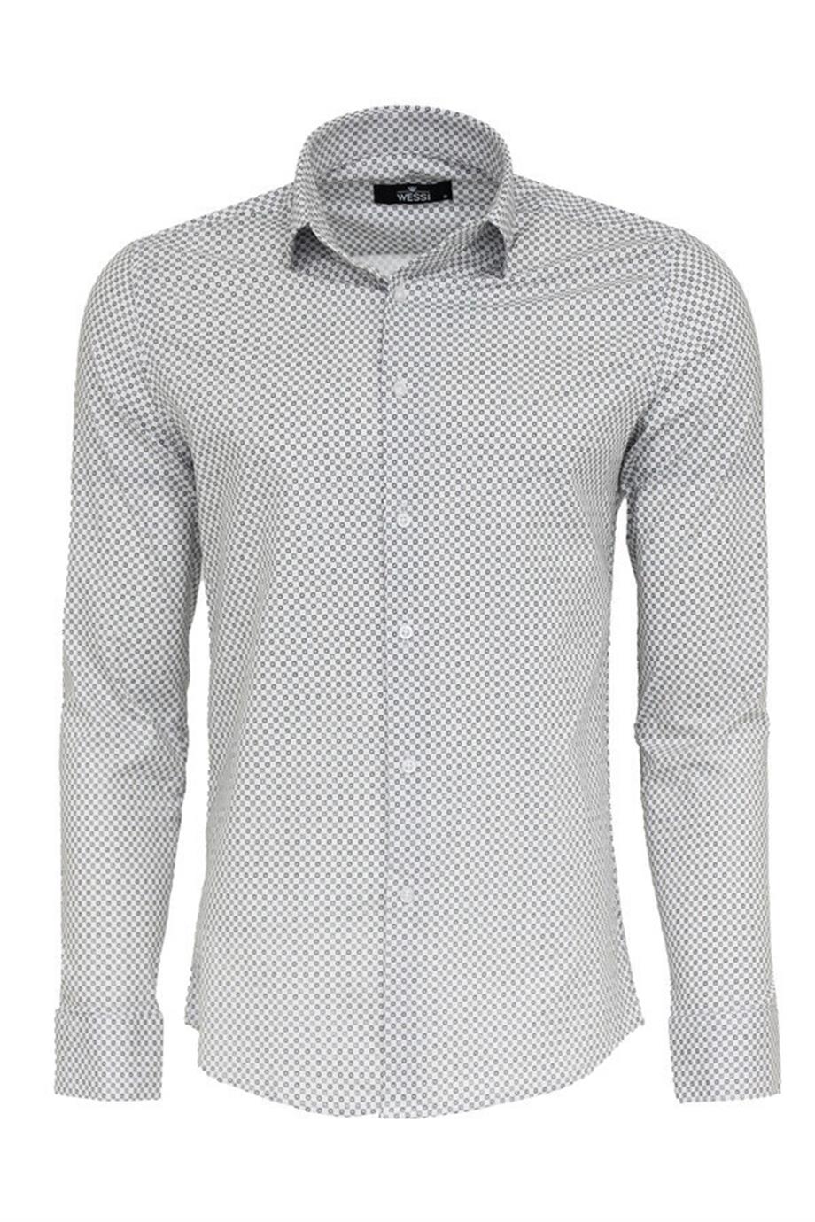 Beyaz Mini Kare Desenli Slim Fit Gömlek