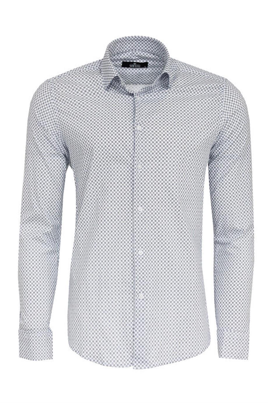 Beyaz Mini Kare Desenli Slim Fit Gömlek