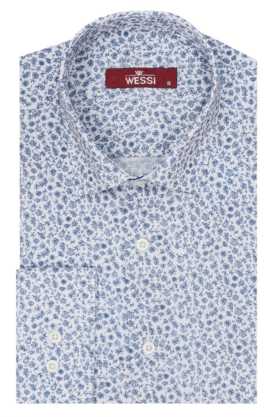 Beyaz Üzerine Mavi Çiçek Desenli Slim Fit Gömlek