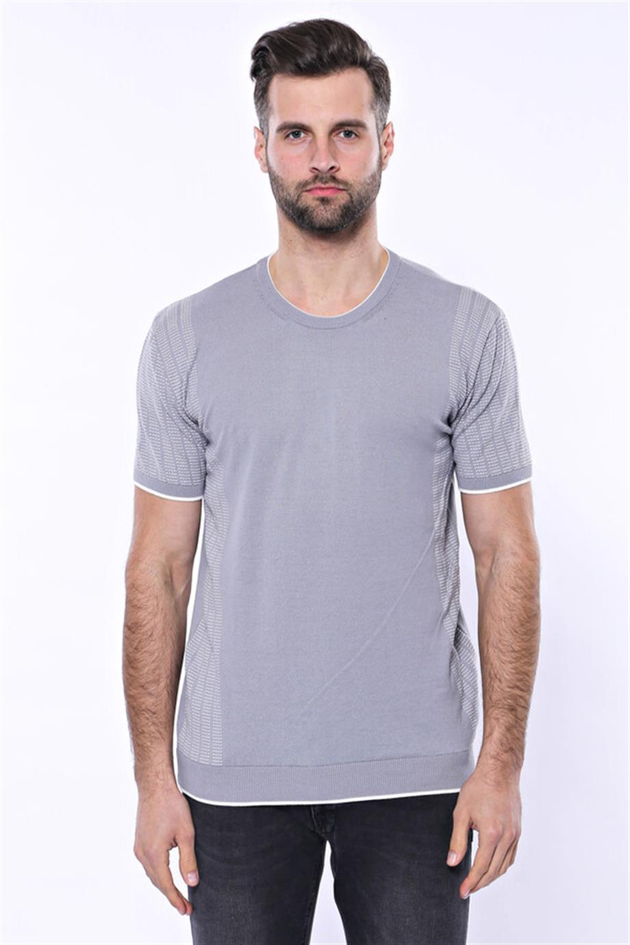 Bisiklet Yaka Kenarları Desenli Gri Örme T-shirt | Wessi