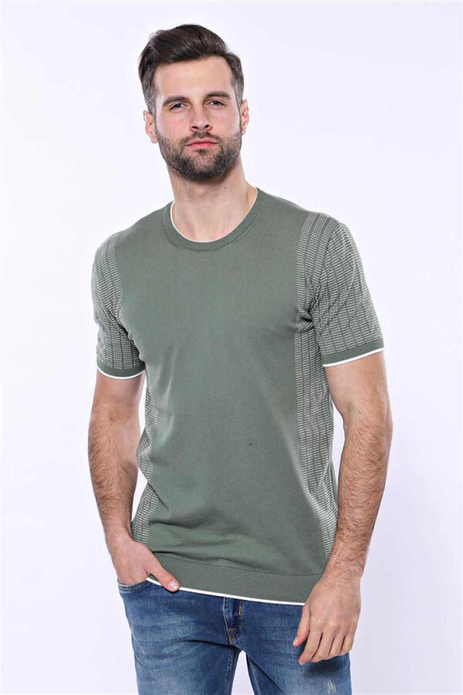 Bisiklet Yaka Kenarları Desenli Yeşil Örme T-shirt | Wessi