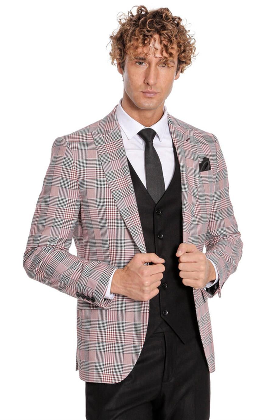 Bordo Ekose Ceketli Slim Fit Siyah Erkek Takım Elbise