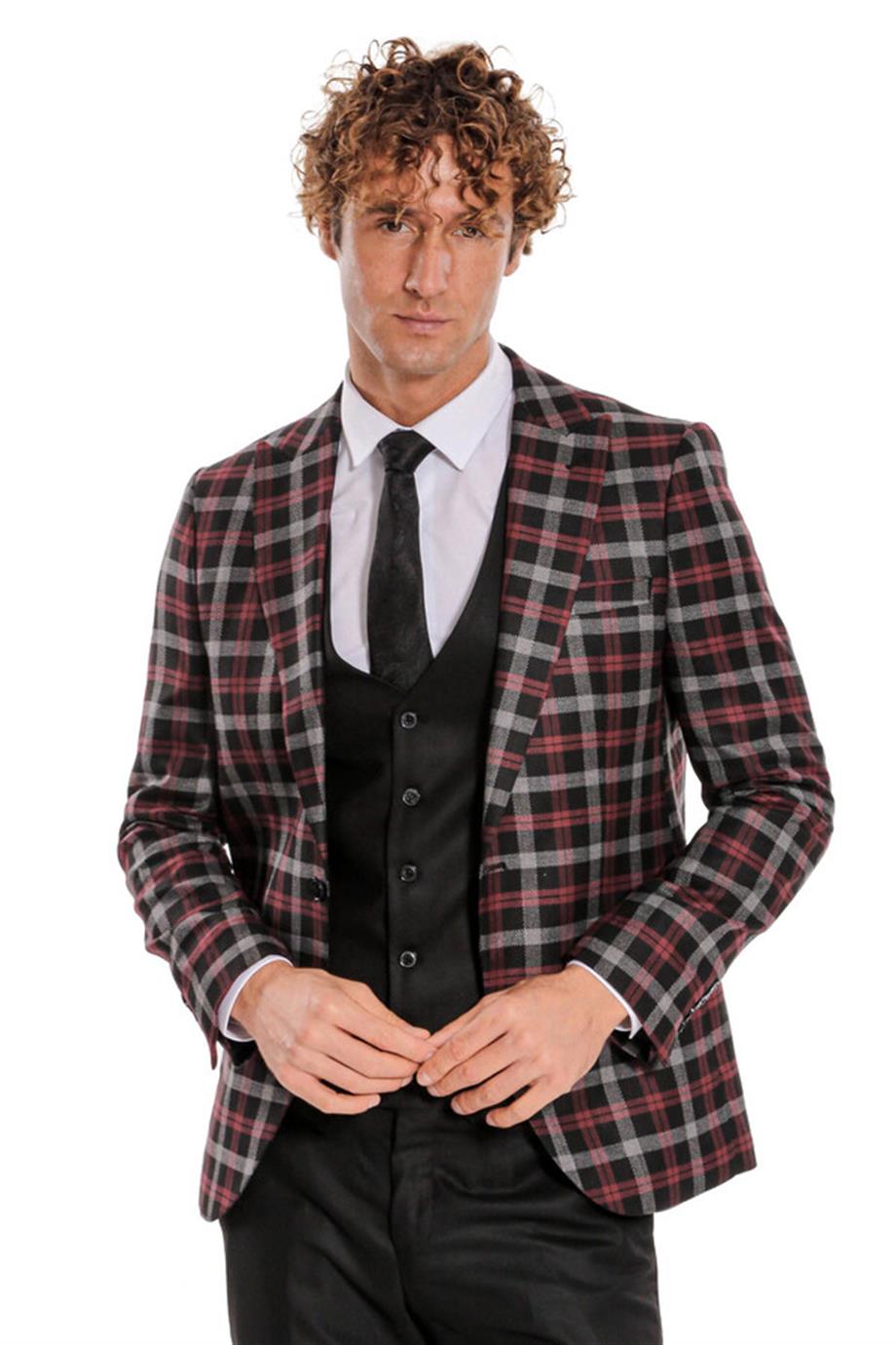 Bordo Ekose Ceketli Slim Fit Siyah Erkek Takım Elbise