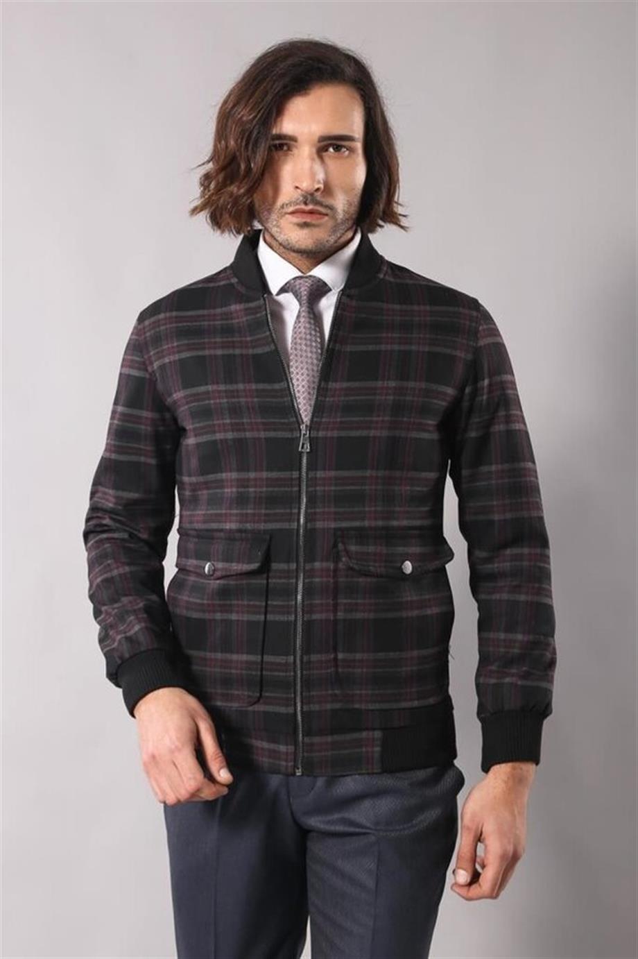 Bordo Ekoseli Erkek Bomber Mont | Wessi