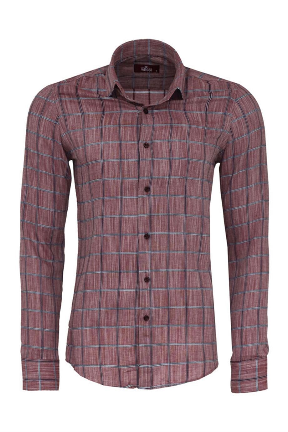 Bordo Kareli Slim-Fit Gömlek