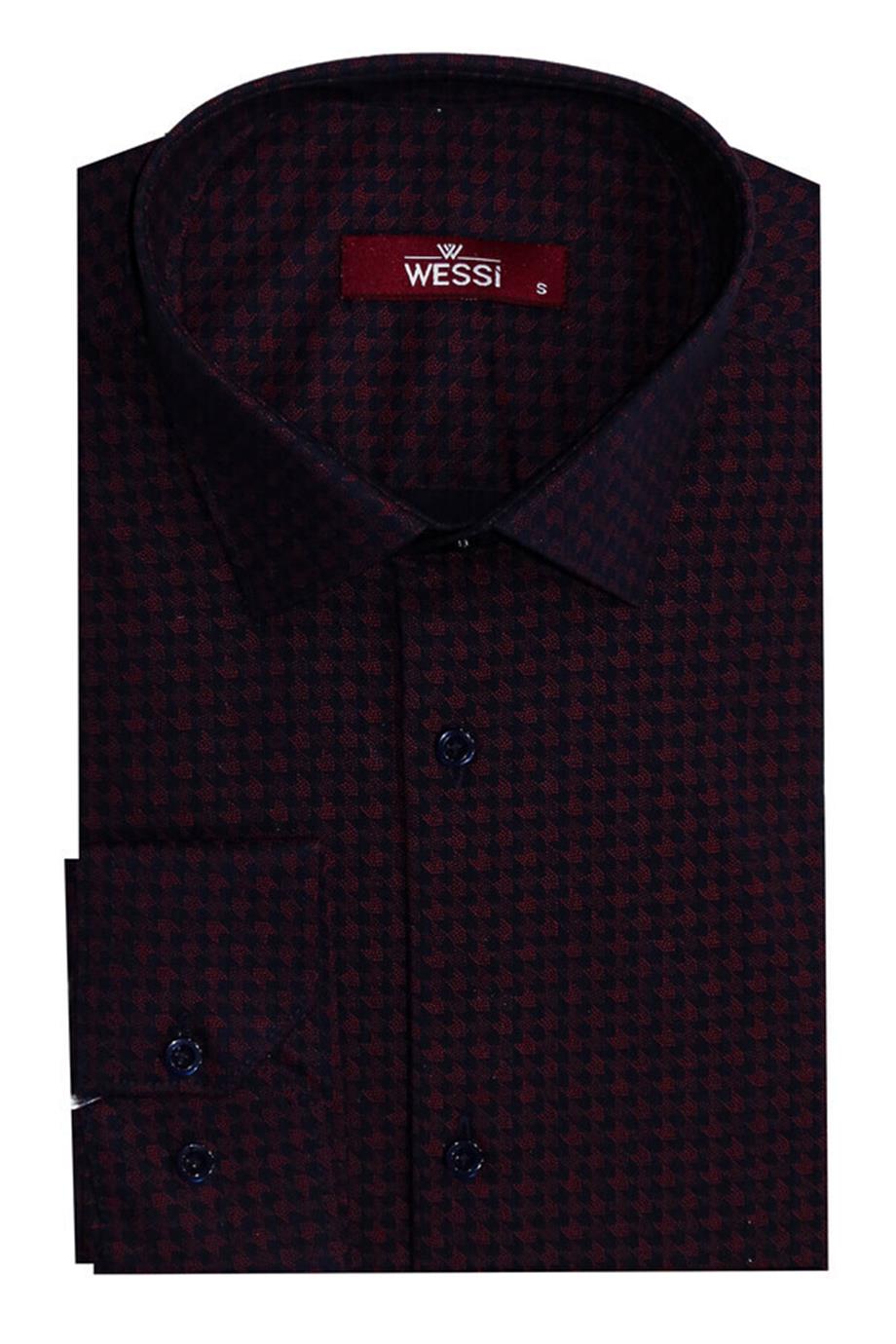 Bordo Kaz Ayağı Desenli Slim Fit Gömlek