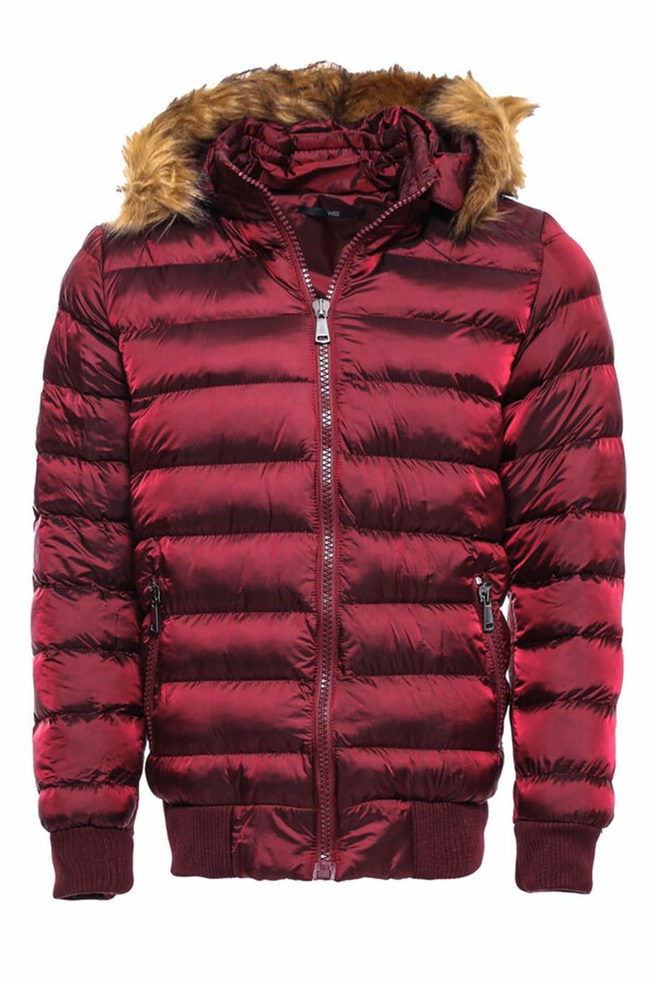 Bordo Kürklü Kapüşonü Şişme Mont | Wessi