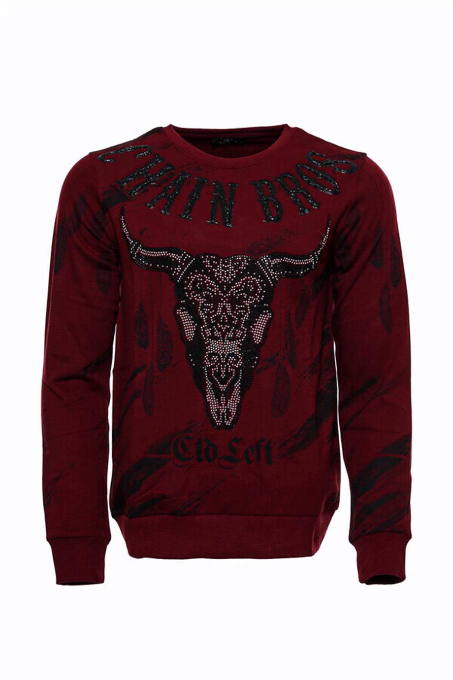 Bordo Taşlı Baskılı Bsiklet Yaka Sweatshirt