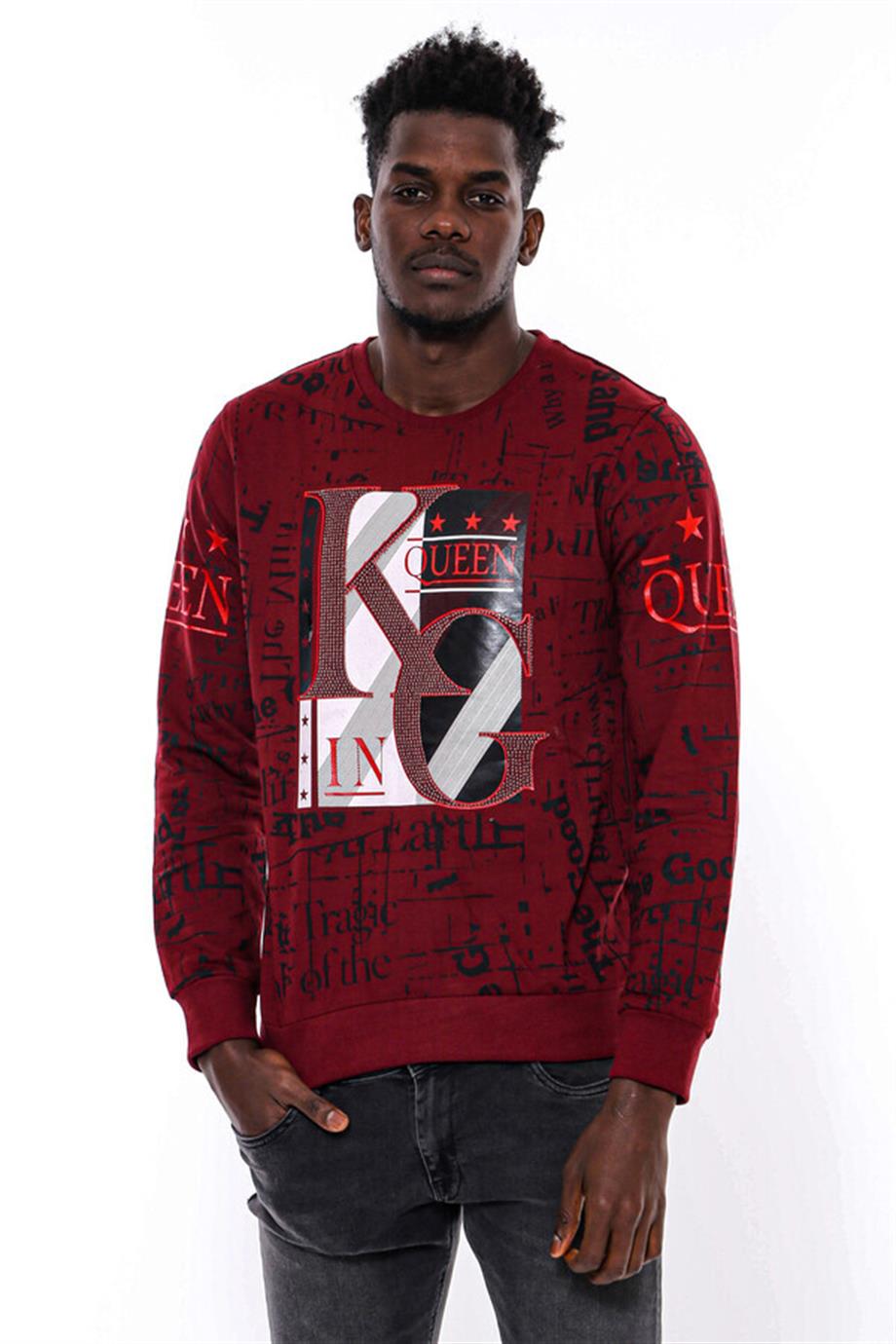 Bordo Taşlı Baskılı Sweatshirt