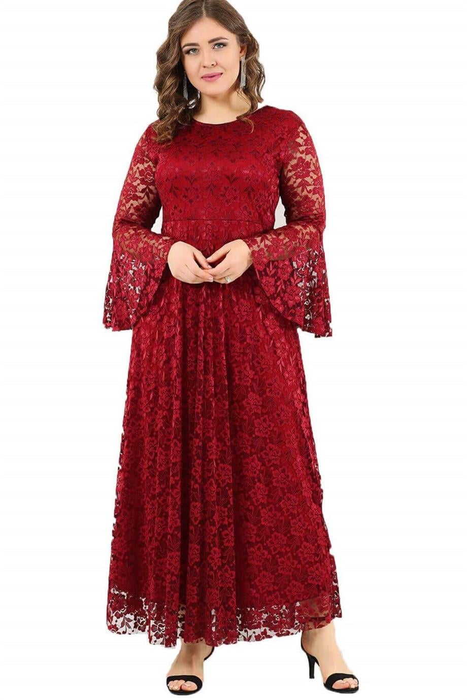 Büyük Beden Kolları Volanlı Dantel Elbise DD791