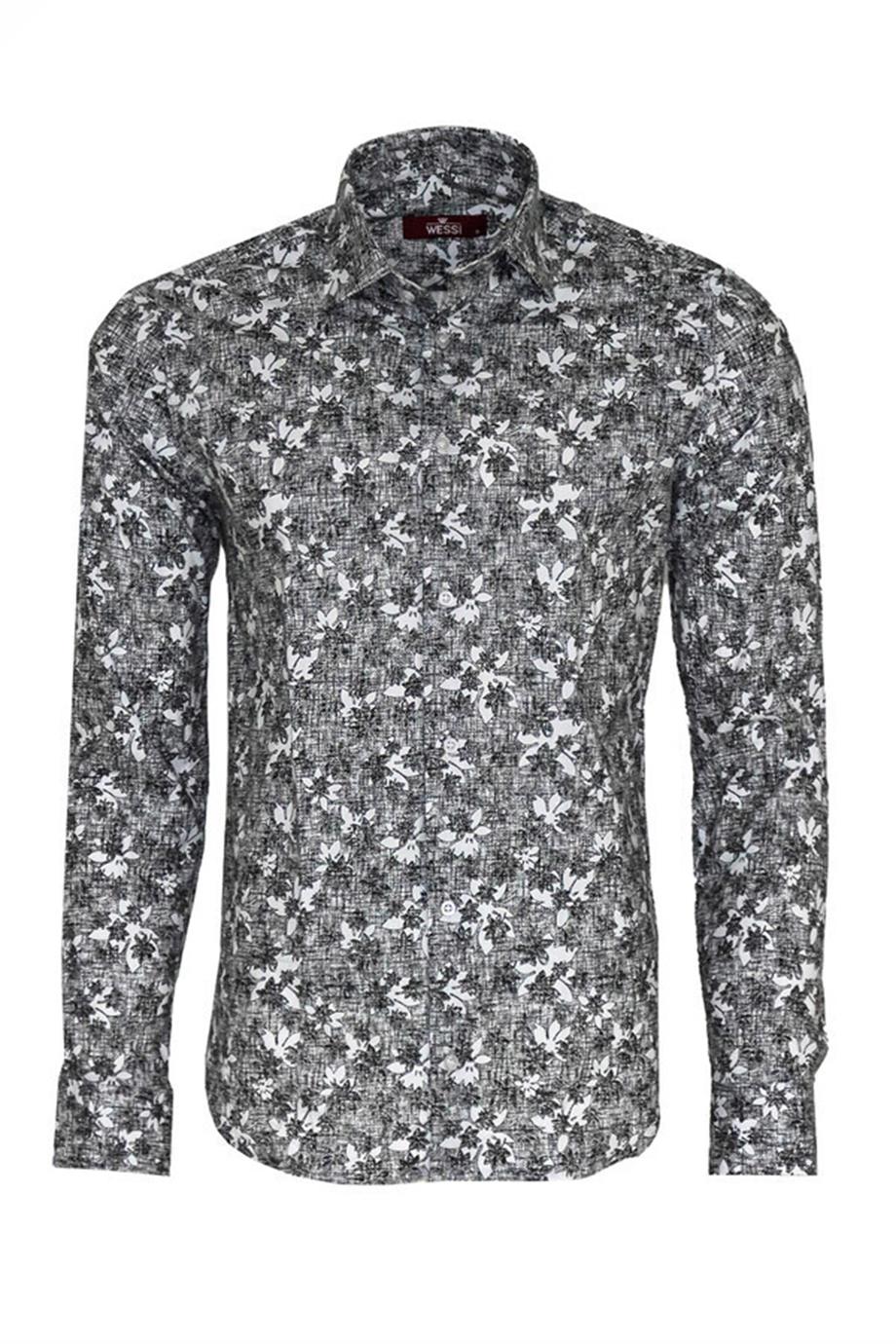 Çiçek Desenli Koyu Gri Slim Fit Gömlek
