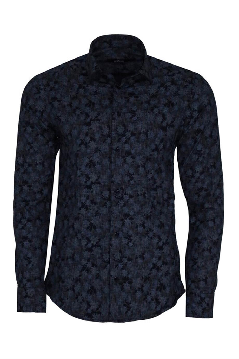 Çiçek Desenli Koyu Mavi Slim Fit Gömlek