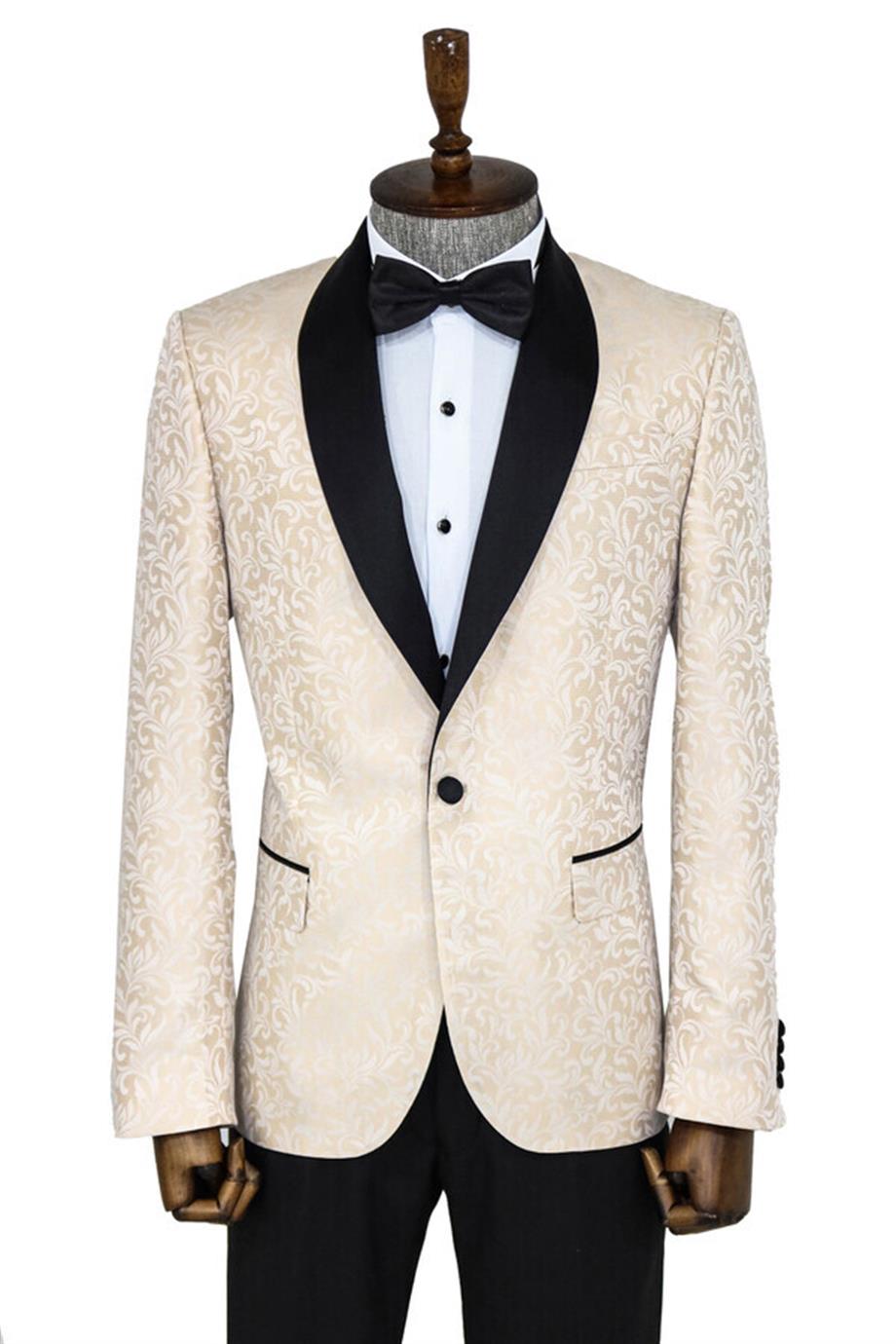 Çiçek Desenli Krem Slim Fit Smokin Ceket