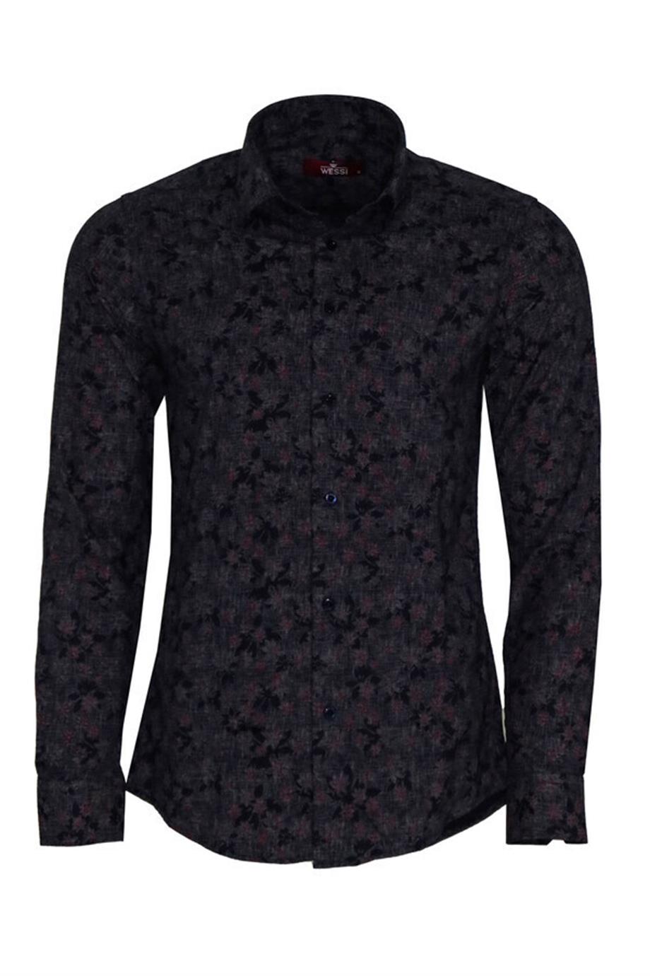 Çiçek Desenli Lacivert Slim Fit Gömlek
