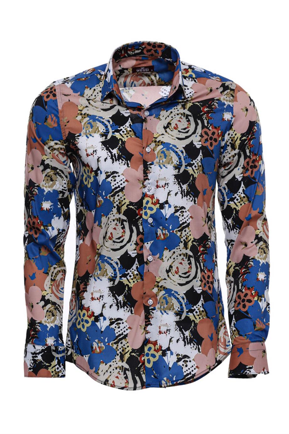 Çiçek Desenli Slim Fit Uzun Kollu Çok Renkli Erkek Gömlek