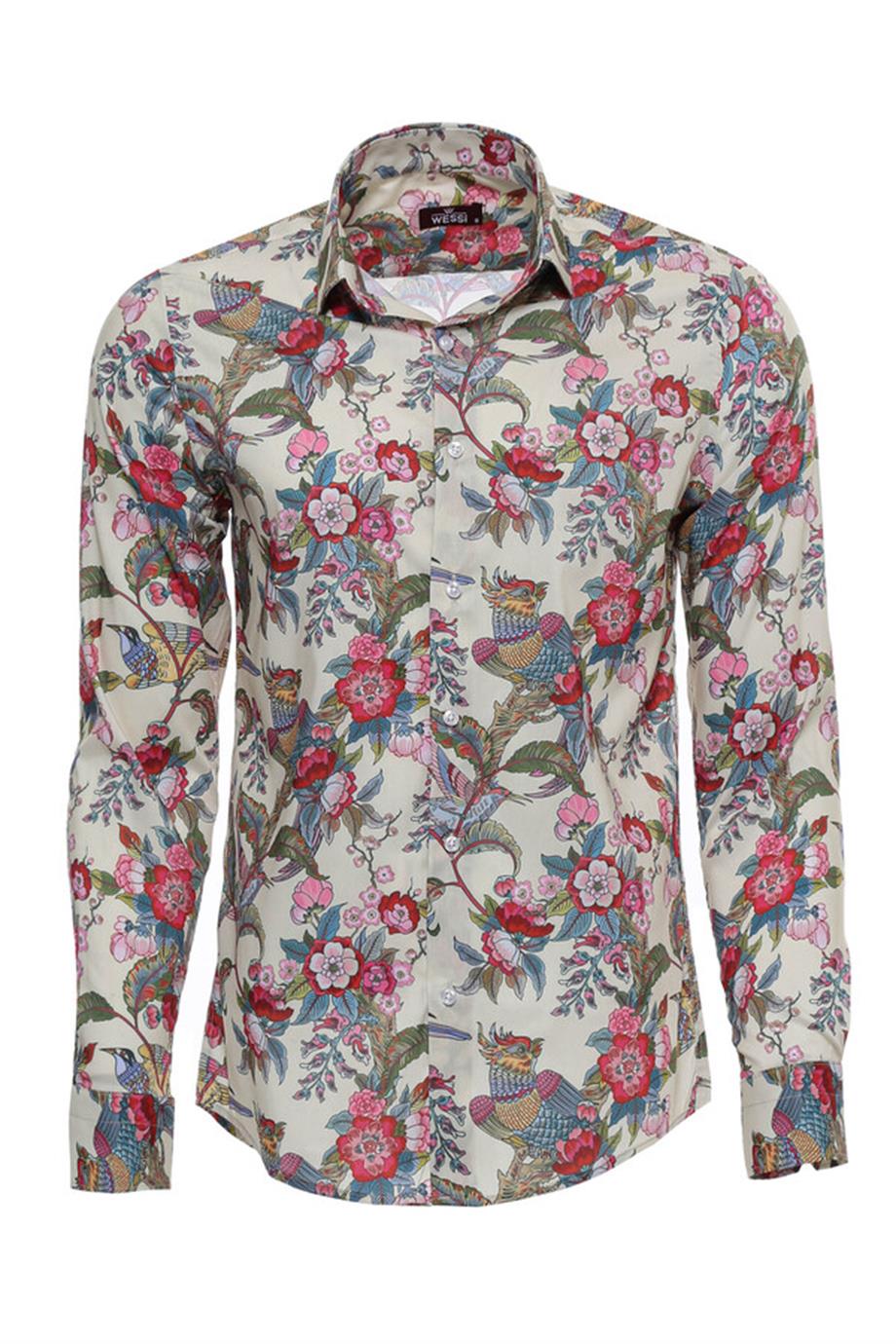 Çiçek Desenli Slim Fit Uzun Kollu Krem Erkek Gömlek