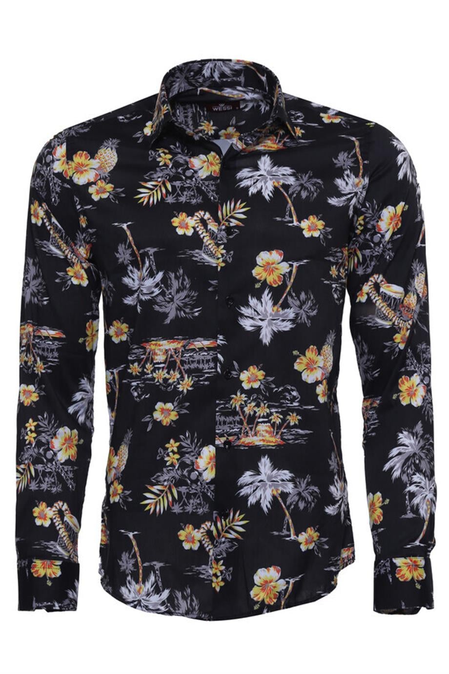 Çiçek Desenli Slim Fit Uzun Kollu Siyah Erkek Gömlek