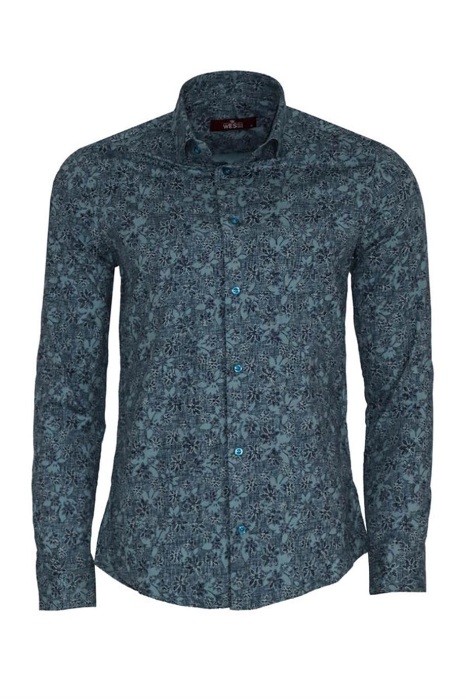 Çiçek Desenli Yeşil Slim Fit Gömlek
