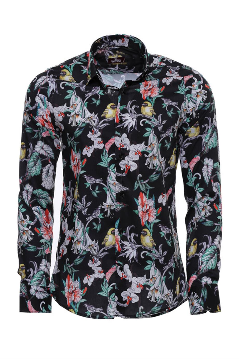 Çiçek Kuş Desenli Slim Fit Uzun Kollu Siyah Erkek Gömlek
