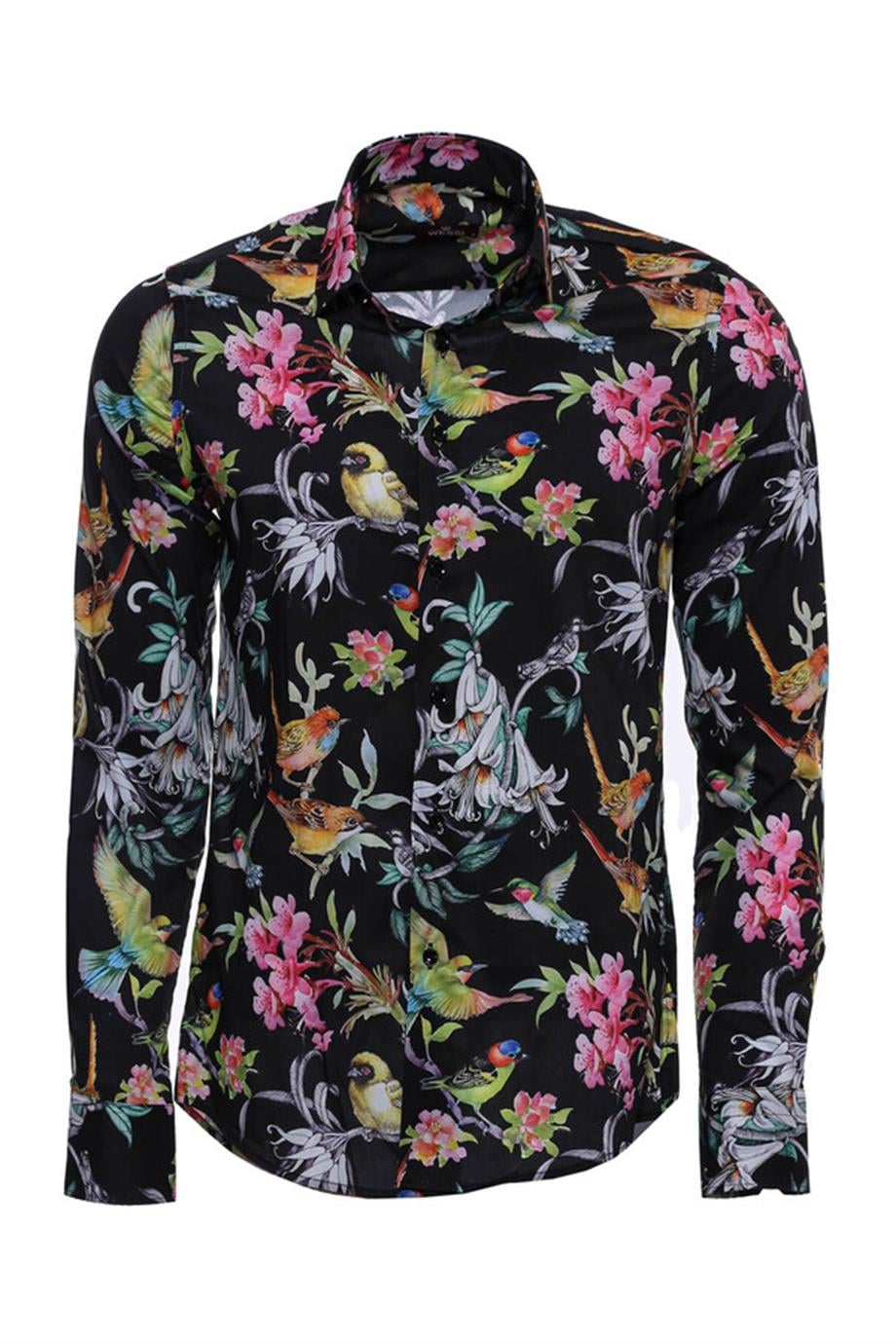 Çiçek Ve Kuş Desenli Slim Fit Uzun Kollu Siyah Erkek Gömlek