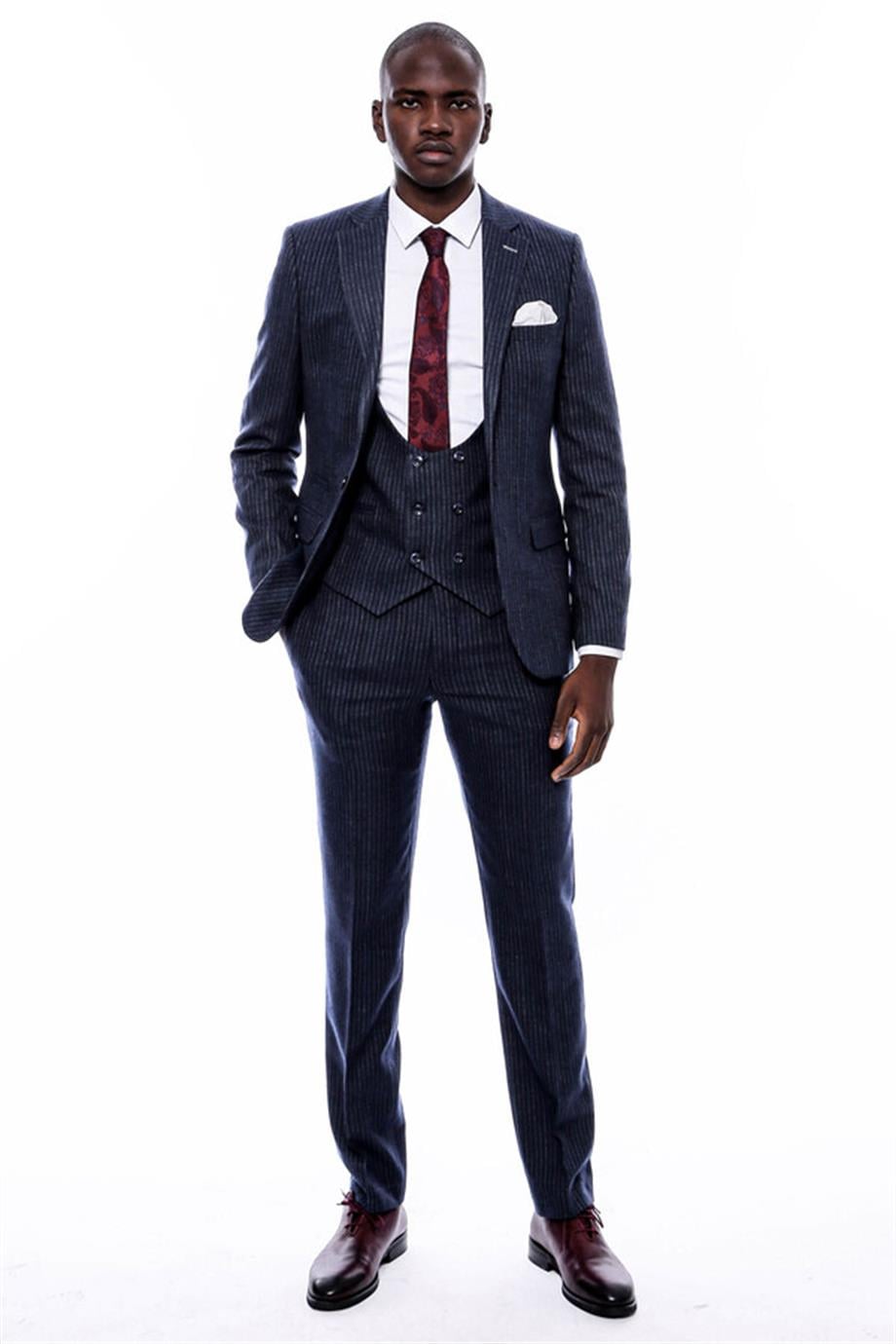Çizgili Kruvaze Yelekli Lacivert Slim Fit Takım Elbise