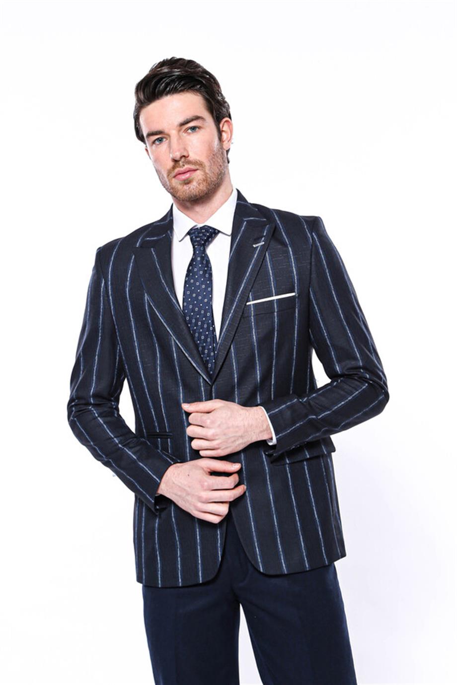Çizgili Lacivert Slim Fit Ceket | Wessi