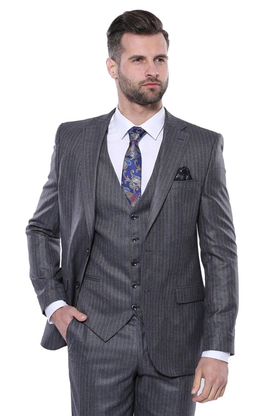 Çizgili Slim Fit Gri Yelekli Takım Elbise | Wessi