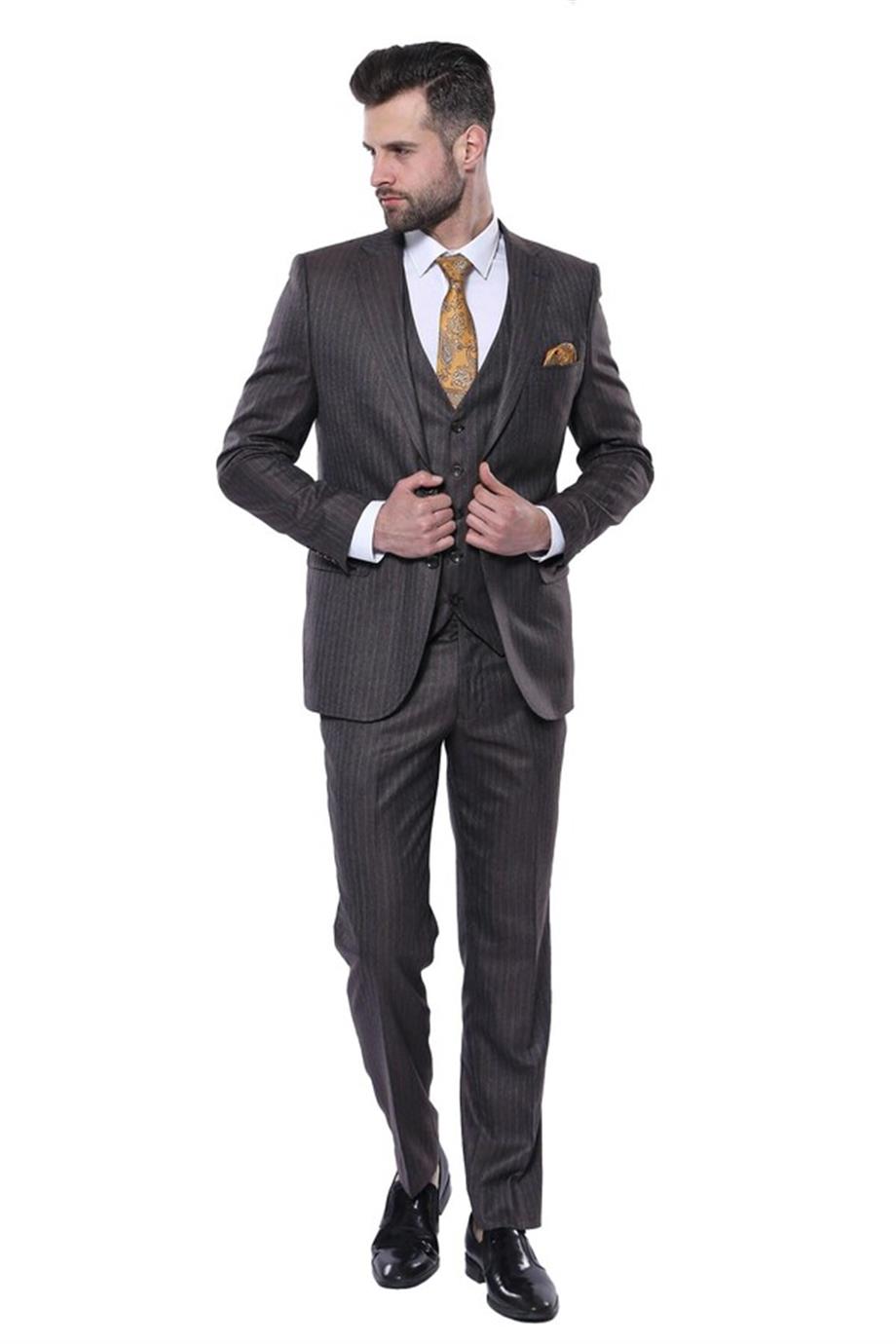 Çizgili Slim Fit Kahverengi Yelekli Takım Elbise | Wessi