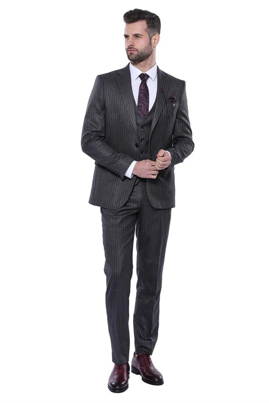 Çizgili Slim Fit Siyah Yelekli Takım Elbise | Wessi