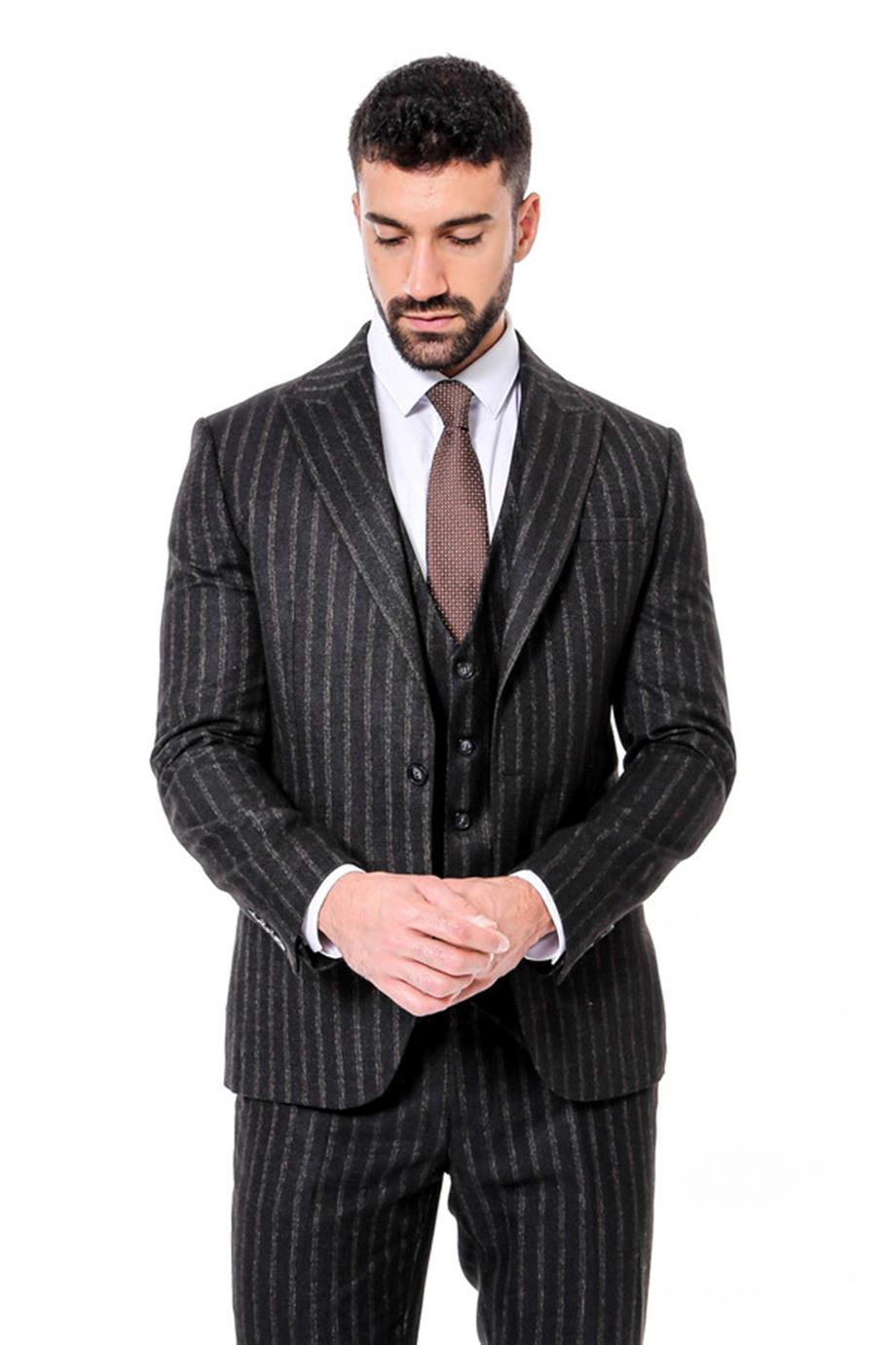 Çizgili Yelekli Siyah Slim Fit Erkek Takım Elbise